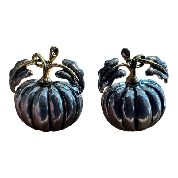Vintage Pumpkin Earrings Gold Silver Two Tone Leaf Fall Autumn Best Posts Signed - Picture 8 of 10